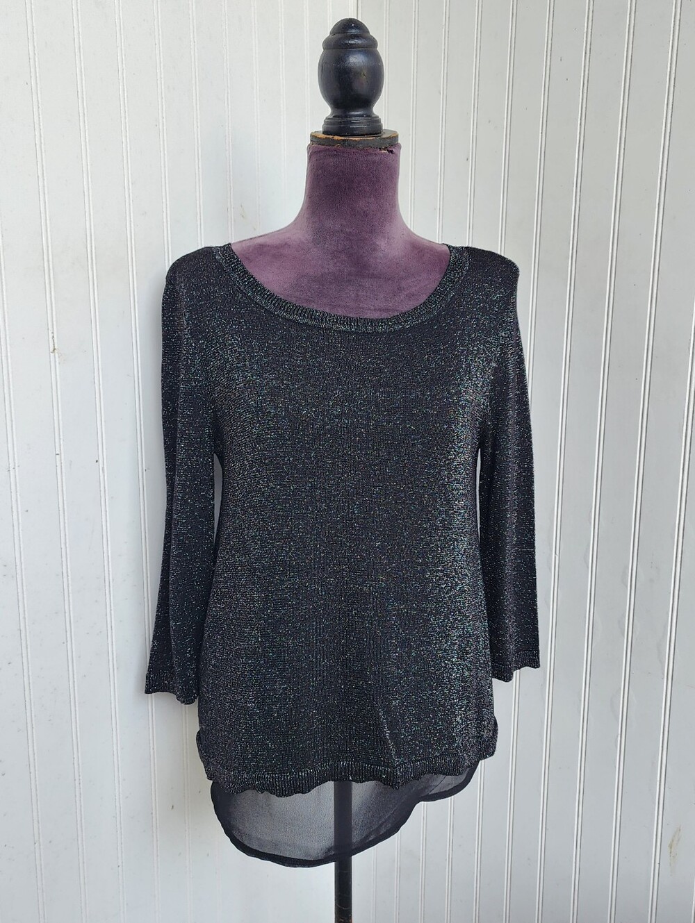 Verve Ami Womens Sweater Metralic Shiffon Layred Thin Knit Black Silver Rayon S